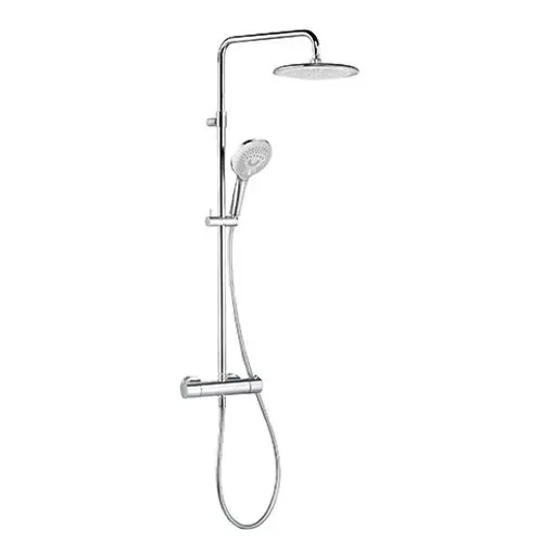 Chromfarbener Duschkopf mit Handbrause und verstellbarer Stange, geeignet für moderne Badezimmer.